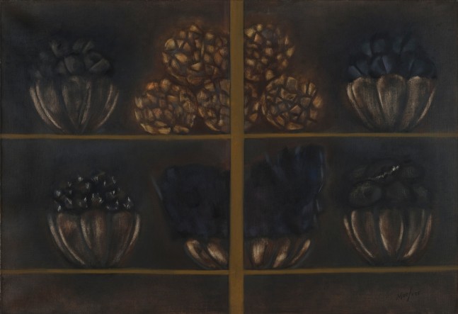 Painting of two shelves holding small dishes of dark stone and cut pieces of wood