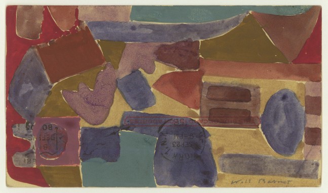 Abstract painting on paper consisting of geometric forms in blue, purple, red, and green