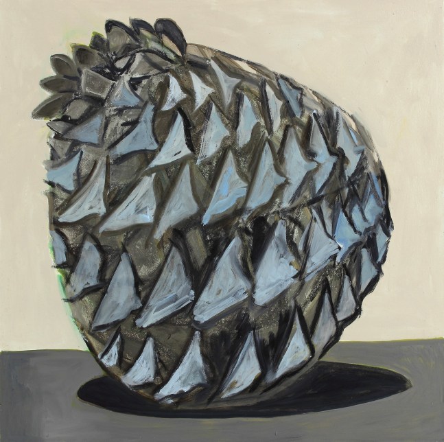 Painting of a pine cone sitting on a grey surface against a beige ground