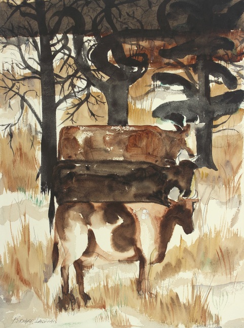 Painting on paper of three cows standing in a brown field with three black trees behind them