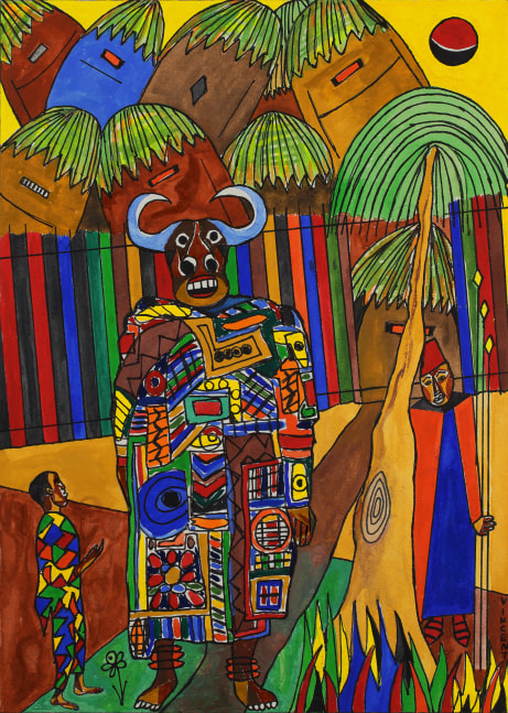 Drawing of three figures: an adult on the left, a child on the right, and a taller figure wearing an animal mask in the center, with a cluster of thatched-roof huts behind a fence in the background