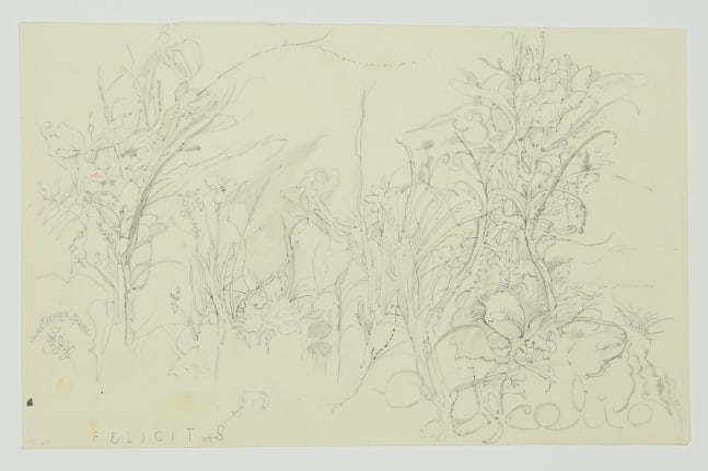 Graphite drawing of a landscape with trees and flowering plants