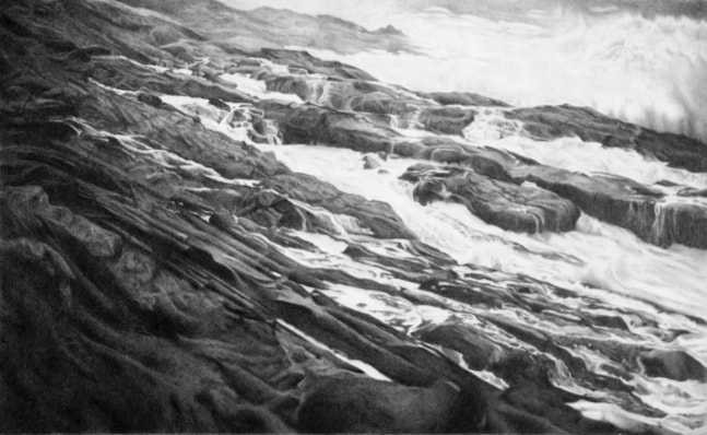 Realistic graphite drawing of waves on a rocky shoreline