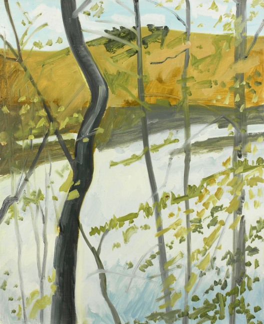 Landscape painting of a body of water with a twisting grey tree in the foreground