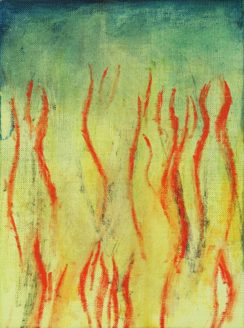 Painting of red, flame-like lines dancing over a yellow and green surface