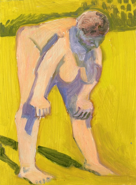 Painting of a nude figure bending forward, with hands on knees, in front of a yellow ground