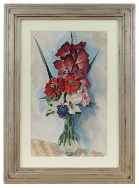 Painting of a vase of white, red, blue and pink flowers against a white wall