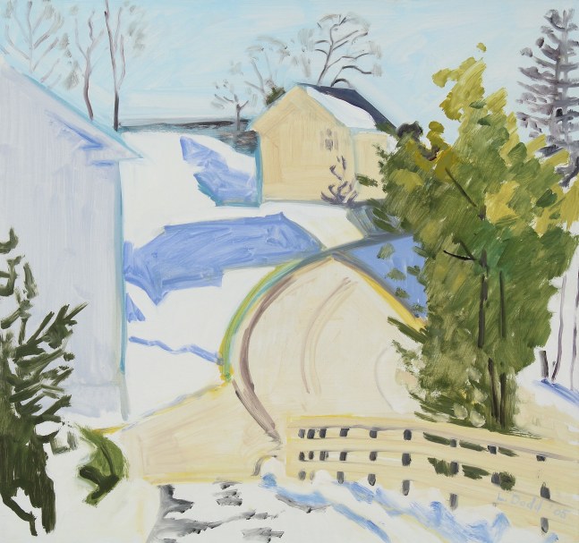 Painting of a winter landscape with two buildings in the snow