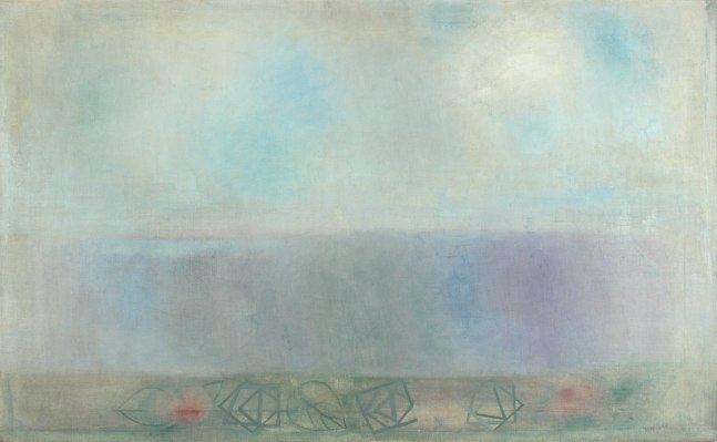 Abstract painting with organic washes of blue, white, and purple, with a collection of organic and geometric forms along the bottom