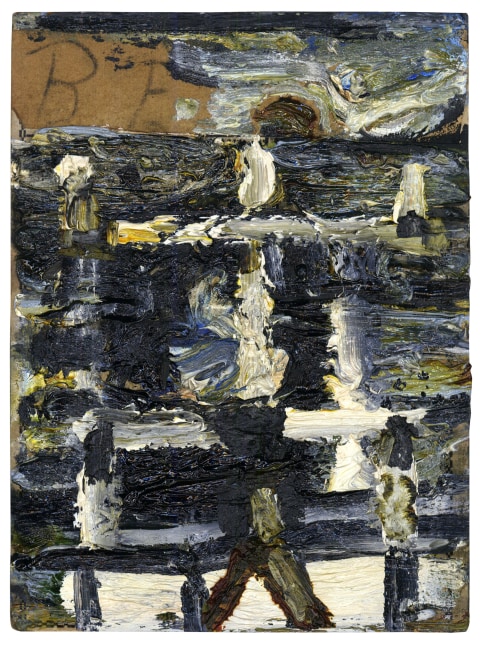 Abstract painting on paper consisting of swaths of black, white and yellow paint on a brown surface