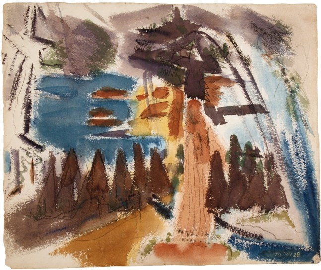 Watercolor painting of an abstracted landscape, with a tall tree in the foreground and smaller trees and a seascape in the background