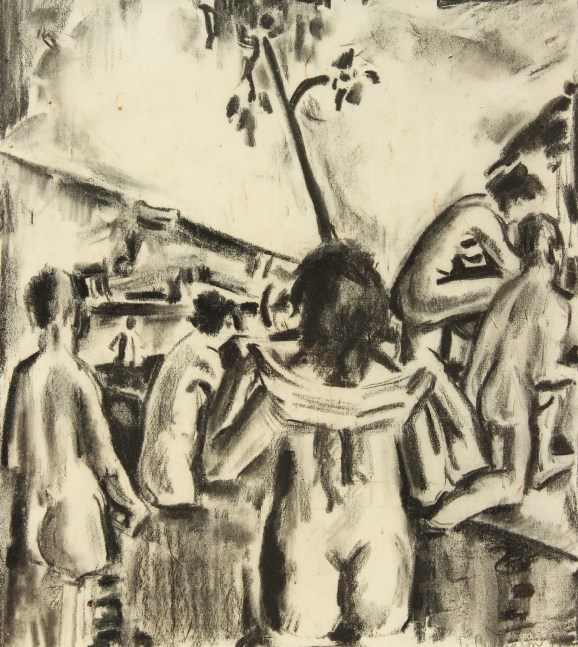 Charcoal drawing of a group of nude figures wading in a pool outdoors