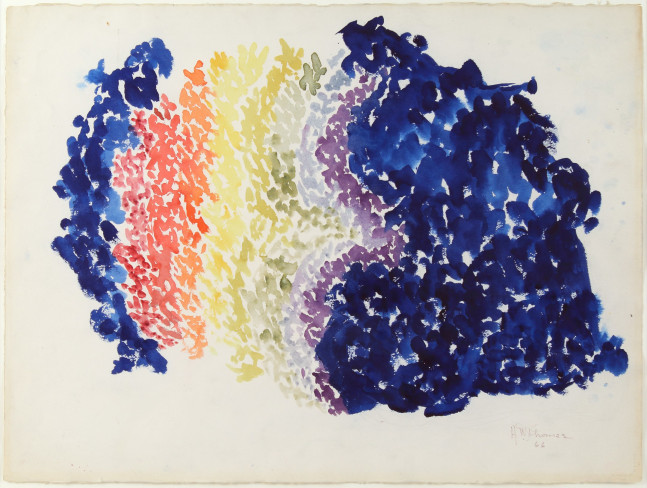 Abstract painting with sections of small marks in blue, pink, orange, yellow, green and purple
