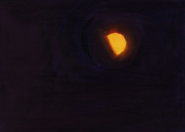 Painting of a portion of the moon surrounded by a red halo in a black sky