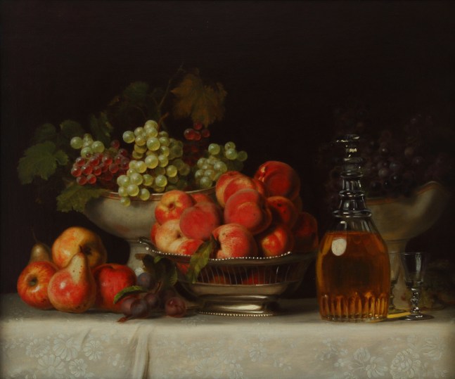 Charles Bird King, Grapes, Peaches, Pears, with Decanter, ca. 1815, oil on canvas in original frame 25 x 30 inches