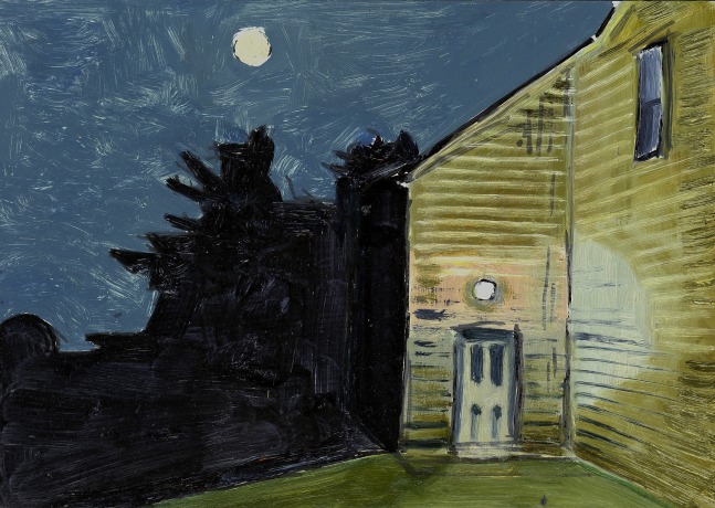 Painting of the side of a building at night, with the moon and trees in the background