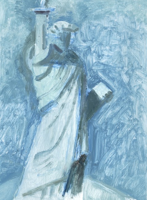 Painting of the Statue of Liberty against a blue ground