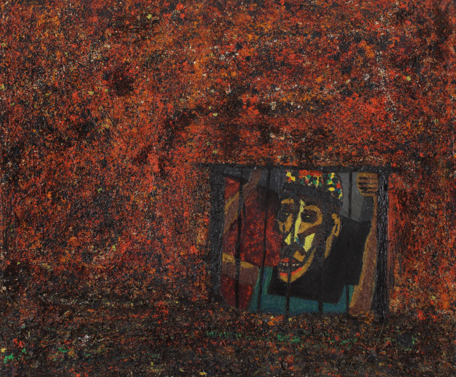 Abstracted, expressionist painting showing a person looking out of a window with bars set into a red, textured surface