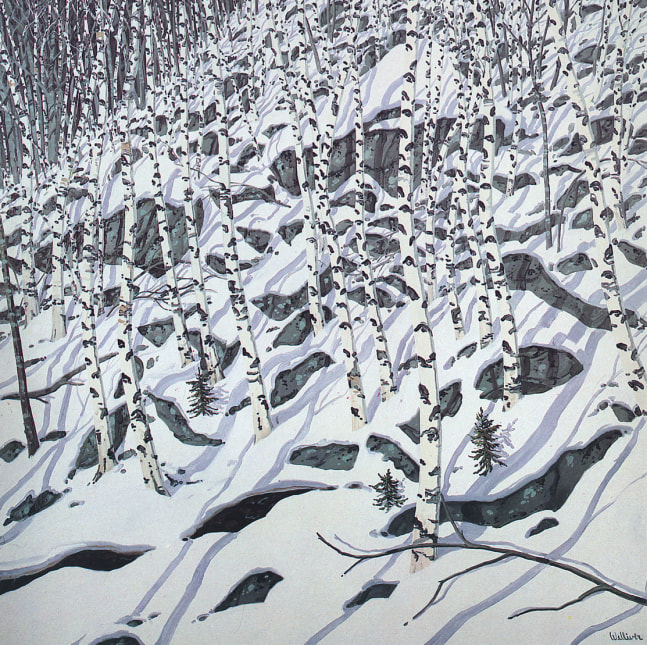 Landscape painting of a snowy bank covered in rocks and birch trees