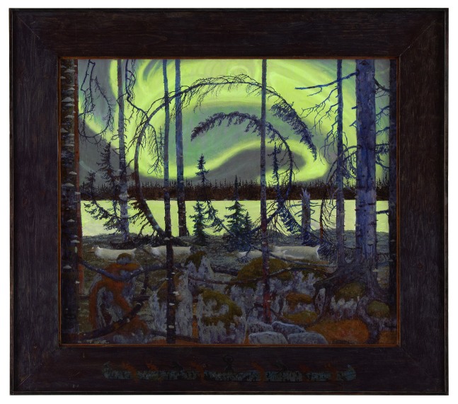 Landscape painting of surreal trees twisting into circles with the Northern Lights over a body of water in the background