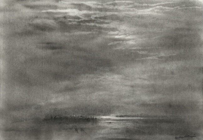 Charcoal landscape drawing of a hazy, cloudy sky over the sea, with dim sunlight coming through the clouds and reflecting off the water