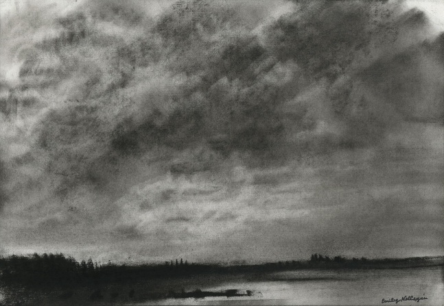 Charcoal landscape drawing of a cloudy sky, ocean, and a tree-lined shore