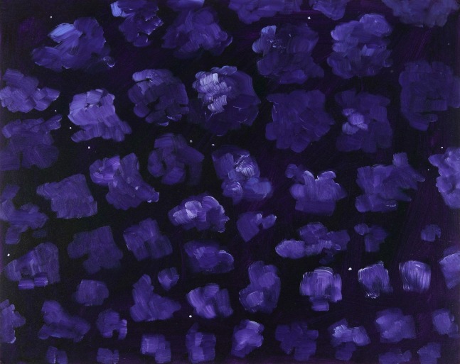 Painting of blue-violet clouds scattered across a dark black sky with stars