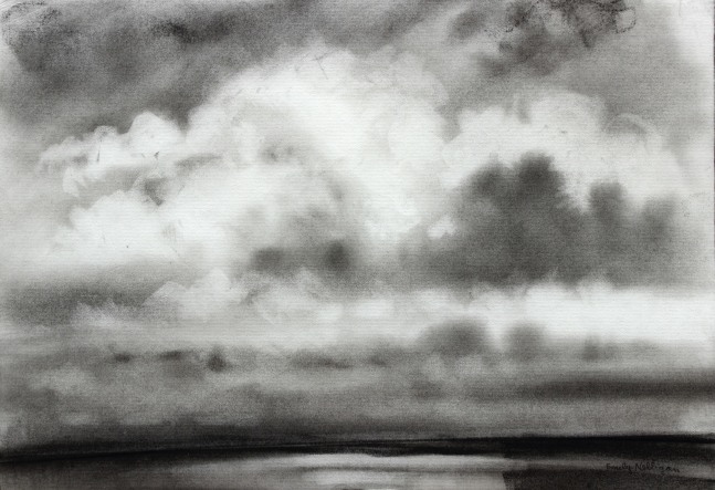 Charcoal landscape drawing of a sky filled with large, fluffy clouds over the sea