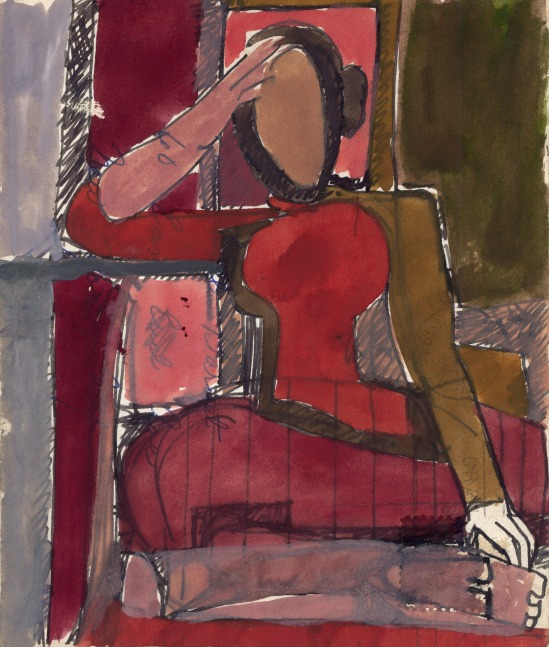 Abstract painting on paper consisting of pink, red, green, and grey geometric forms that create the image of a seated figure in an interior space