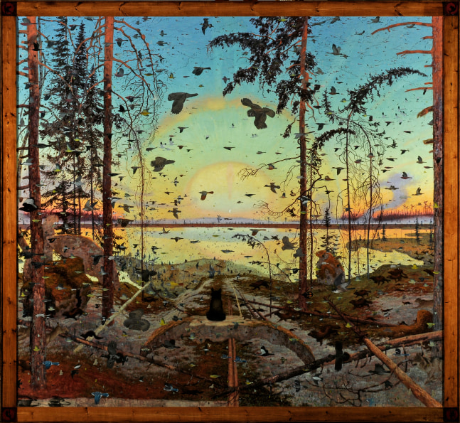 Enassamishhinjijweian, 2009, oil on linen, 103 x 112 inches, including artist&amp;#39;s hand painted frame