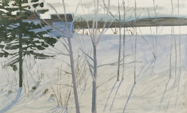 Painting of various trees in a snow-covered field, with a building and mountains in the background