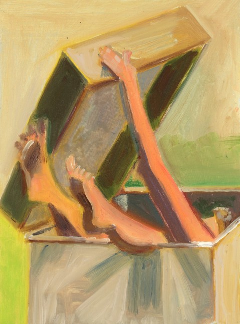 Painting of a nude figure partially inside of a box, with only their legs and an arm emerging, and grass in the background