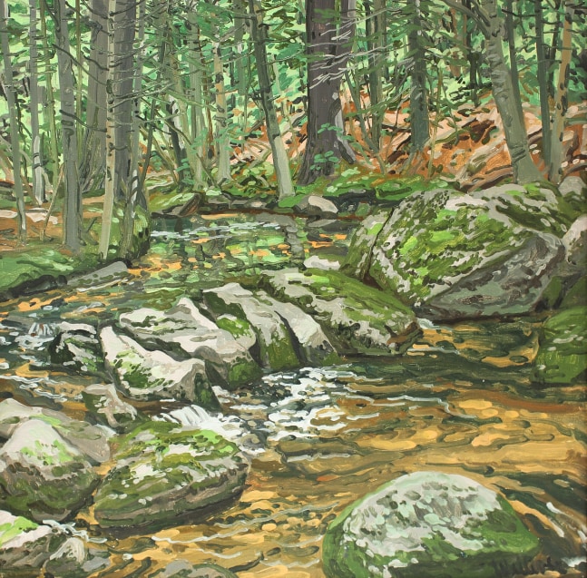 Landscape painting of a brook in a forest surrounded by moss-covered rocks