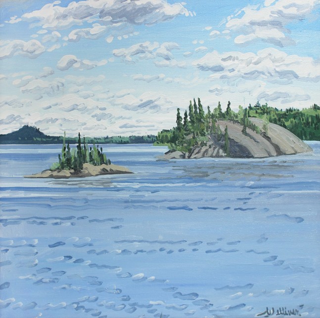 Landscape painting of two small islands surrounded by water, with a mountain in the background