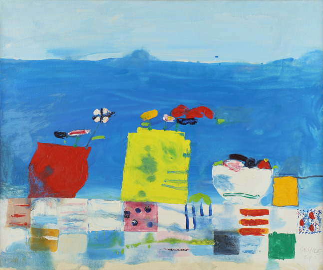 Painting of abstracted objects on a blanket in the sand, with a blue sea and sky in the background
