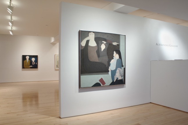 Photograph showing a front view of an exhibition space, with three paintings hung on white walls