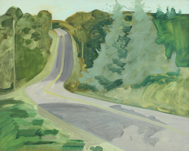 Painting of a road winding through a green landscape