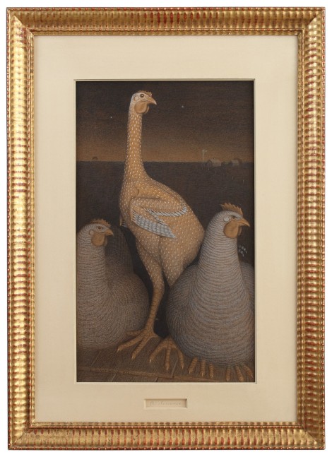 Painting of a yellow chicken with two older hens on either side, with a darkly-lit farm scene in the far distant background