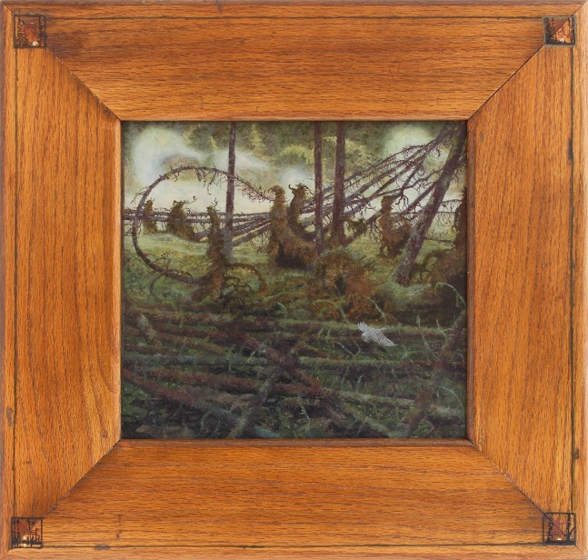 Painting of a surreal forest landscape filled with fallen trees, and a white owl flying through the foreground