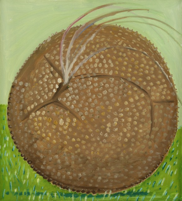 Painting of a brown seed pod on green grass