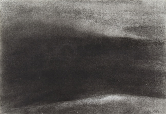 Charcoal landscape drawing of the sky and sea at dawn or dusk, with faint light coming through dark clouds and reflecting off the water