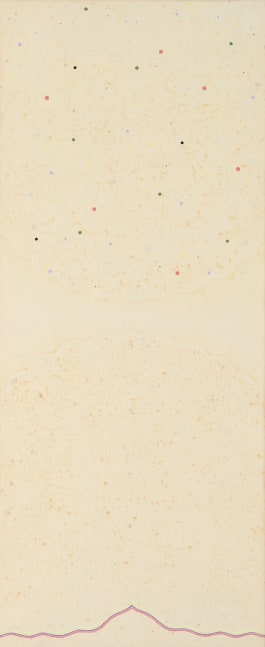 Abstract painting of a field of cream-colored paint with multi-colored dots, with a curving red line along the bottom