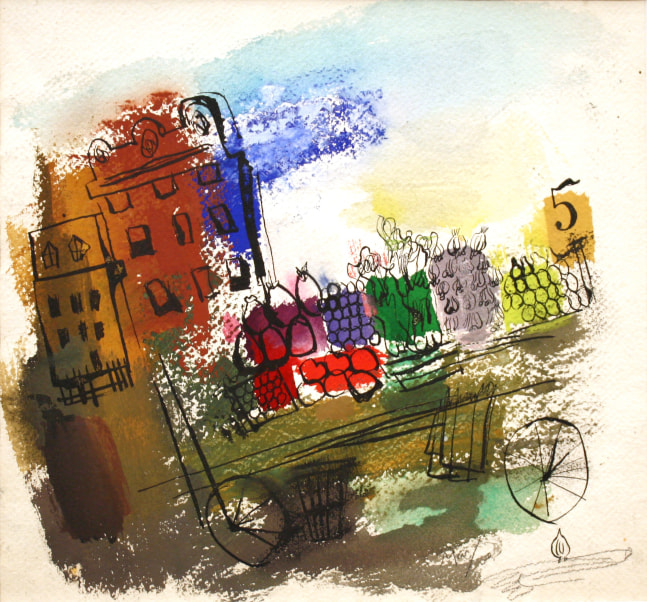 Watercolor painting of a vegetable cart on a city street