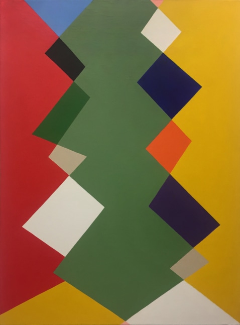 Geometric abstract painting with interlocking shapes in red, yellow, green, blue, tan, black, purple, and orange