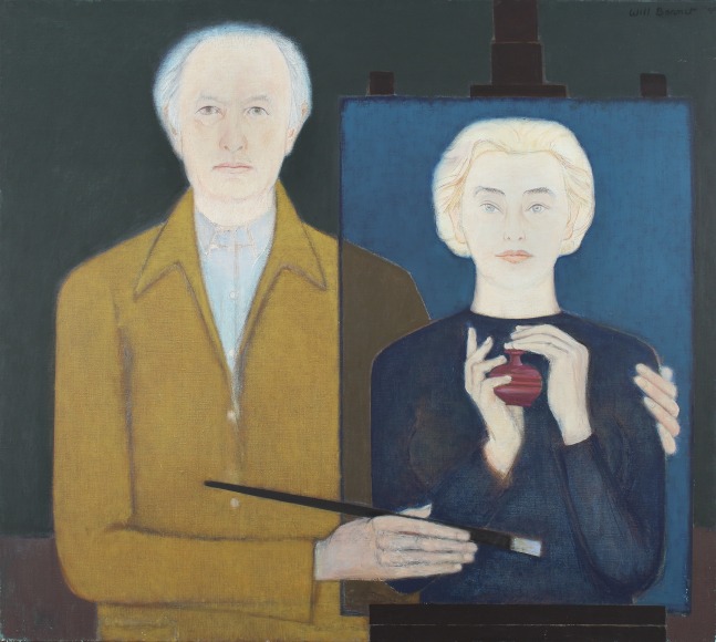 Painting of a figure holding a paintbrush, pointing to a painting of a figure holding a bottle