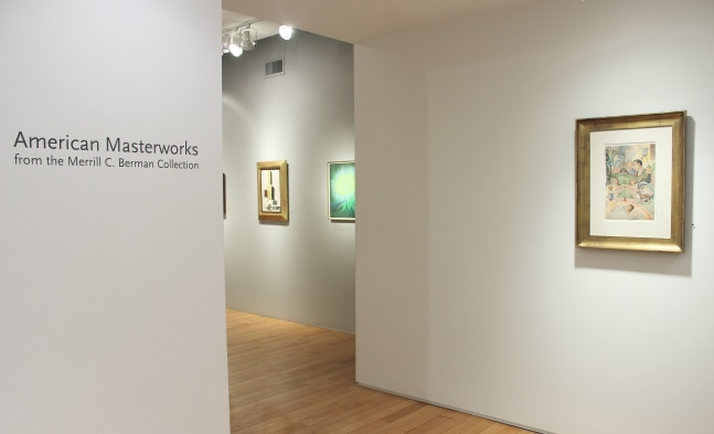 Photograph showing a view of an exhibition space, with one painting hanging on a white wall and wall text that reads &quot;American Masterworks from the Merrill C. Berman Collection&quot; to the left