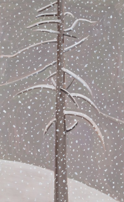Painting of a tree with no leaves surrounded by snowfall