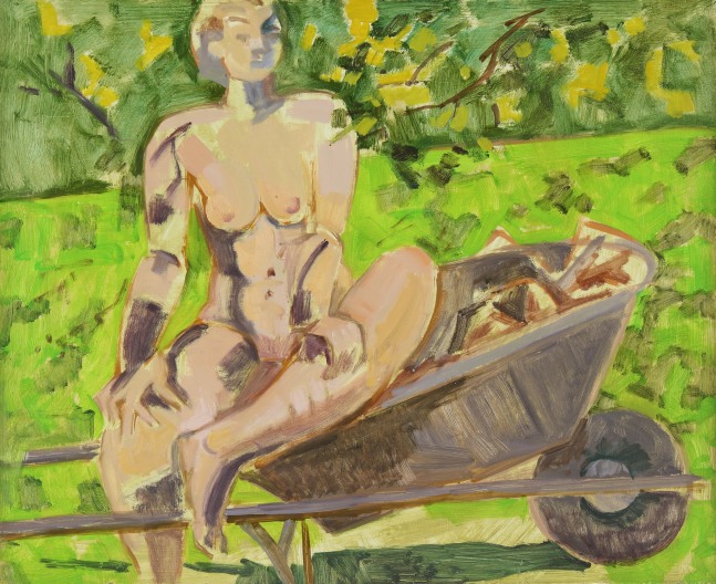 Seated Nude in Wheelbarrow, 2000, oil on Masonite, 13 x 15 7/8 inches