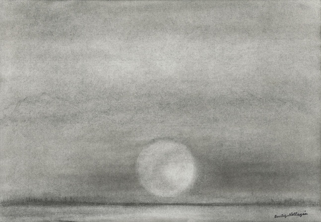 Charcoal landscape drawing of a large sun or moon, hanging low over a faint shoreline and reflecting on the water below