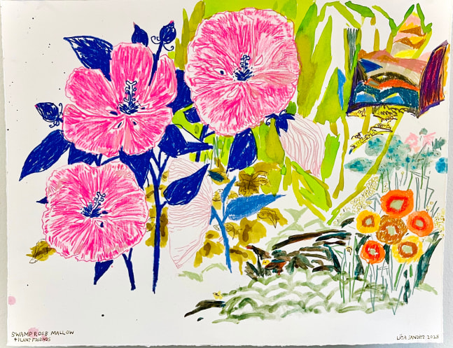 Swamp Mallow Rose + Plant Friends, 2025, mixed media on Rives BFK, 14 x 18 inches